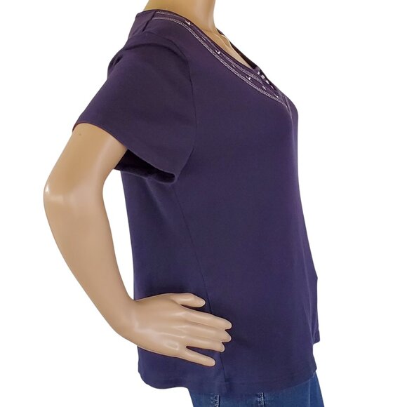 Karen Scott Nautical Sailor T Shirt Women's L Navy Blue Embroidered Knit Stretch - Picture 5 of 12